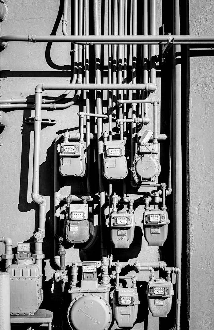 Monochrome image of electric meters and pipes on an industrial wall.