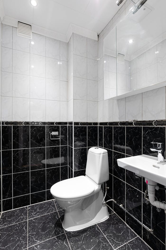 Sleek and modern bathroom with black and white tiles and fixtures.
